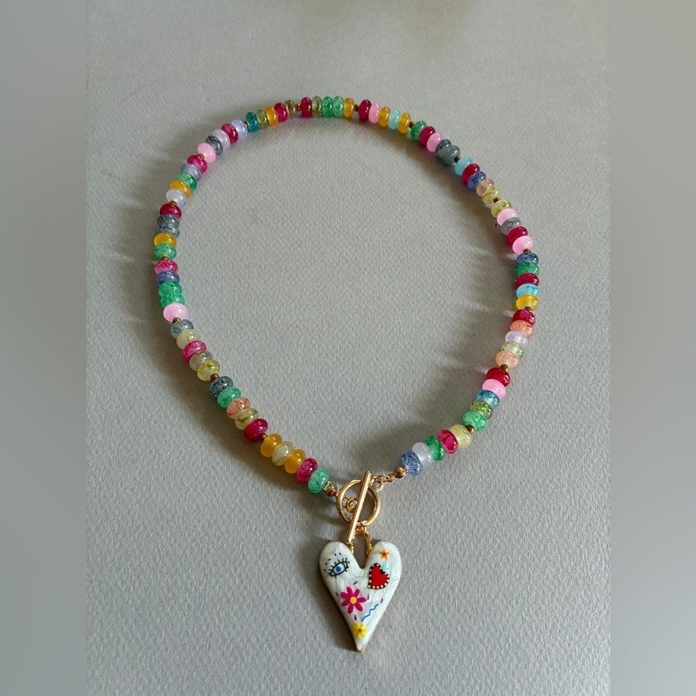 Colorful Beaded Heart Necklace M575 - Picture 3 of 4